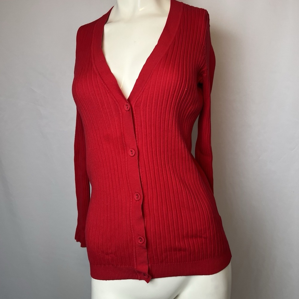 Lands' End Cardigan Sweater Women's XS 2-4 Red Button Up Long Sleeve Ribbed Knit
